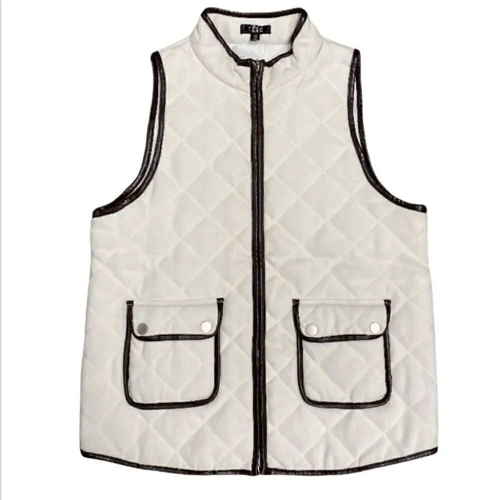 TCEC Cream & Brown Trim Quilted Full-Zip Vest NWOT